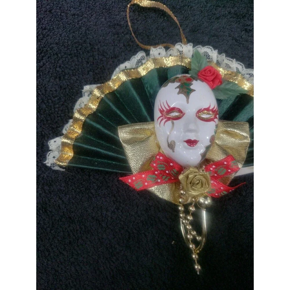 Porcelain Mardi Gras Face Mask Fan Wall Decor Ornament Red Green Christmas